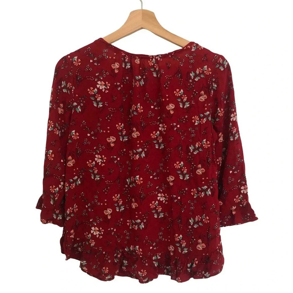 3/$25 ❥ Gap Floral Lightweight Viscose Ruffled 3/4 Sleeves Blouse Top Size M Red - Picture 4 of 8